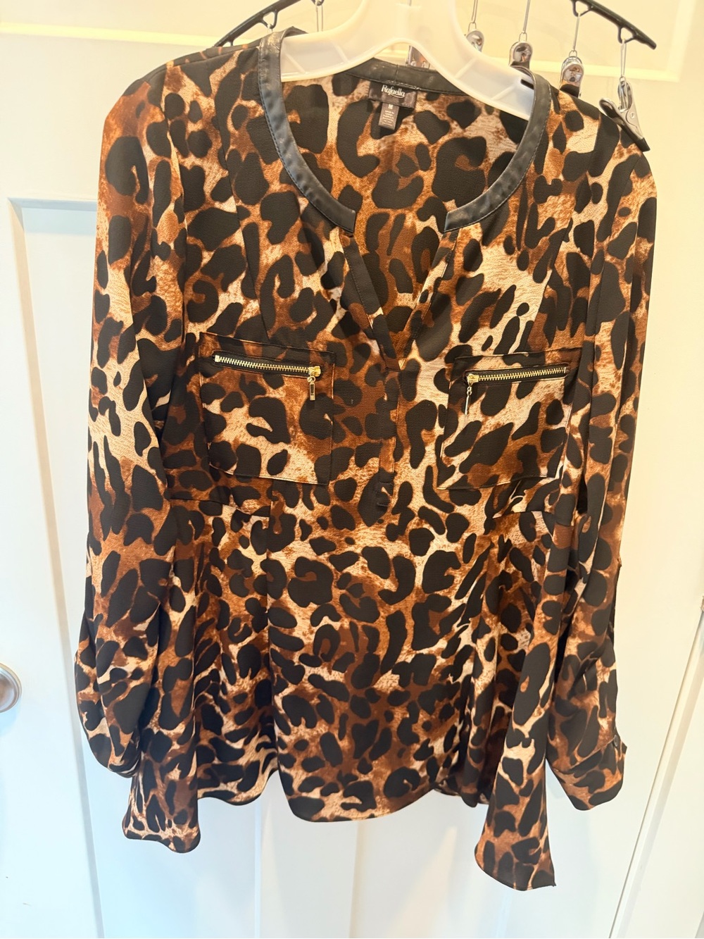 Rafaella Women’s M Leopard Print Tunic Blouse Faux Leather Zip Pockets